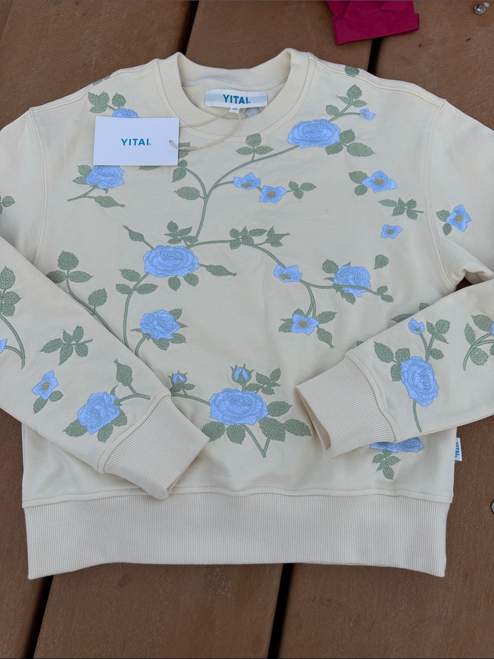 YITAL Cream Floral Embroidered Sweatshirt with Light Blue Roses